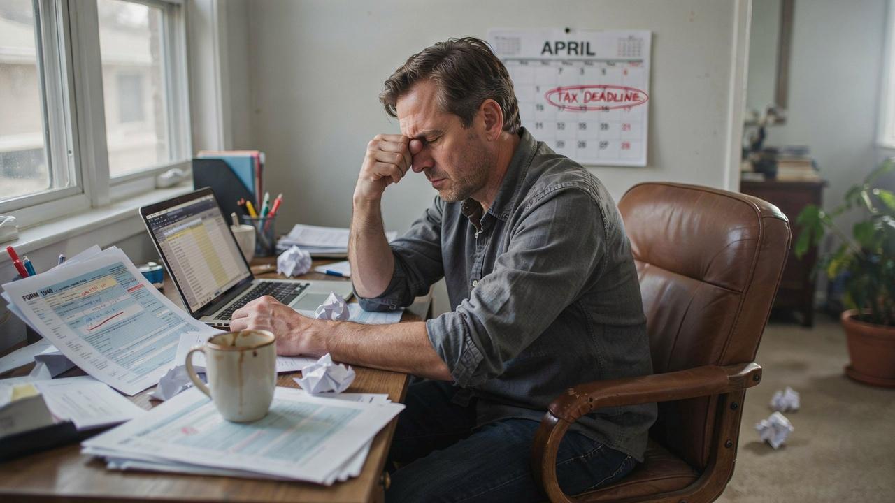 Stressed man rubs his eyes at desk while calculating the taxes and expenses near tax deadline calendar.