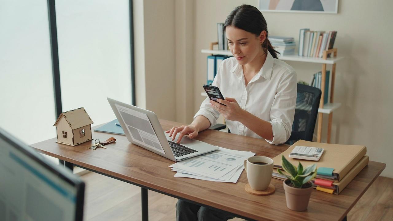 Property manager using organized tools and digital systems to manage rental leases efficiently.