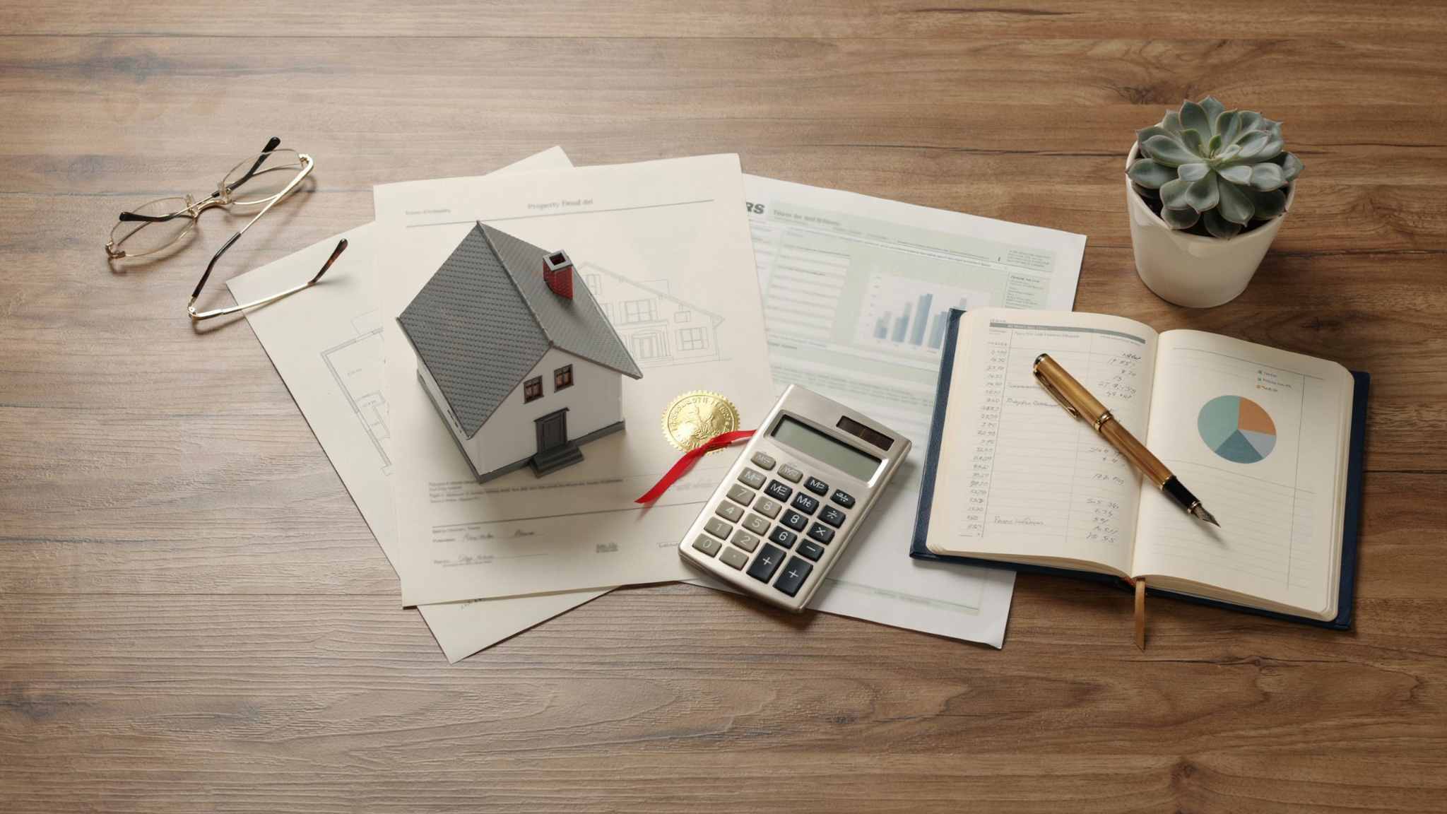 Tax documents, property deed, calculator, and IRS forms illustrating tax implications of adding a child to a deed.