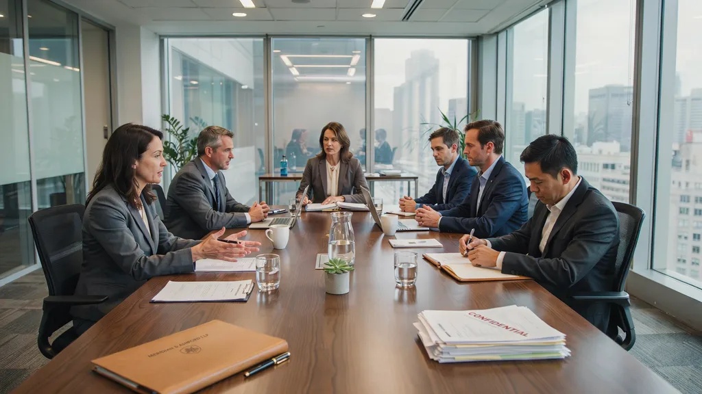 Business representatives resolving an intellectual property dispute through mediation.