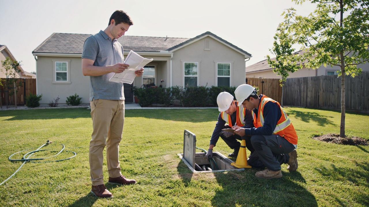 Homeowner reviewing property boundaries while utility infrastructure runs through part of the yard.