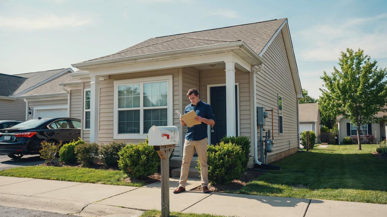 Property owner reviewing documents outside a home with mailbox and utility meter visible.