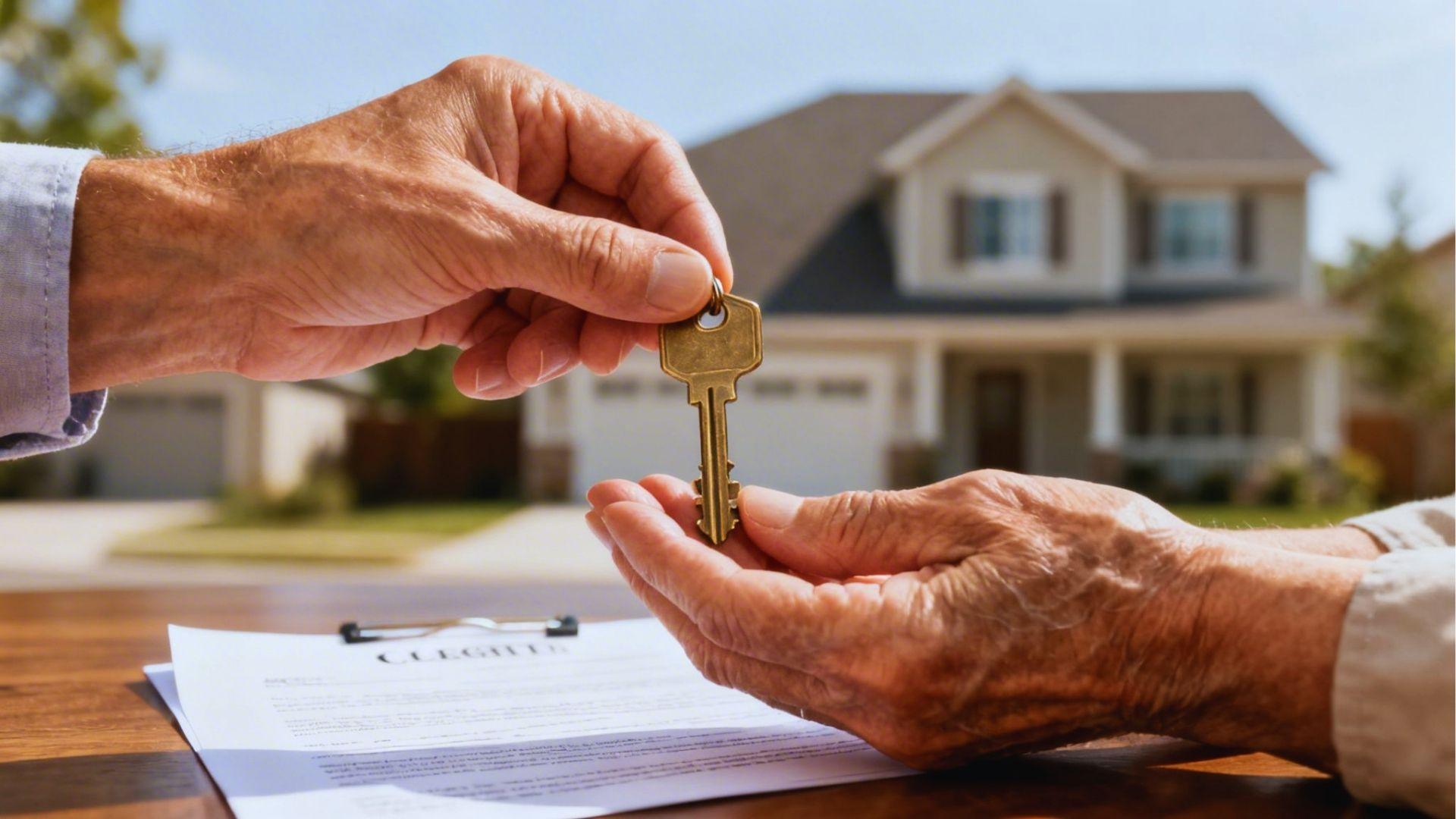 Hands exchanging a house key over closing documents with a home blurred in background