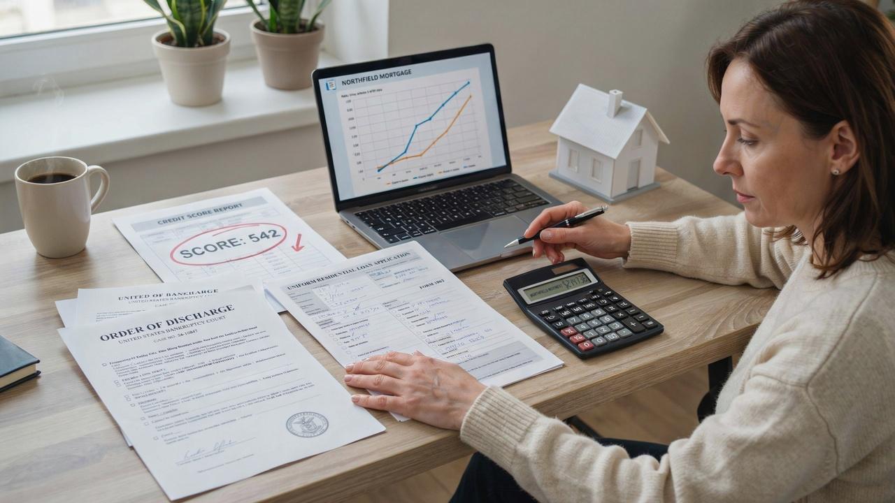 Credit score report, bankruptcy documents, and mortgage paperwork showing how bankruptcy affects home loan eligibility.