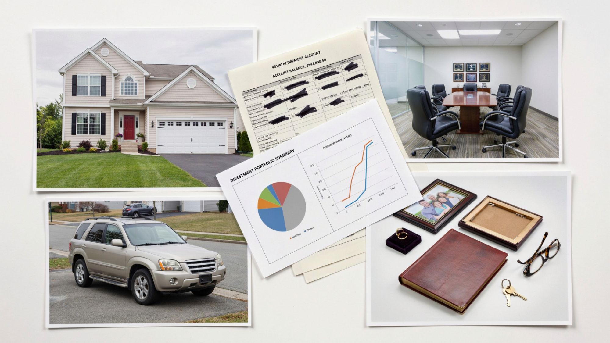 Family home, retirement accounts, vehicles, business assets, and investments commonly divided during divorce.