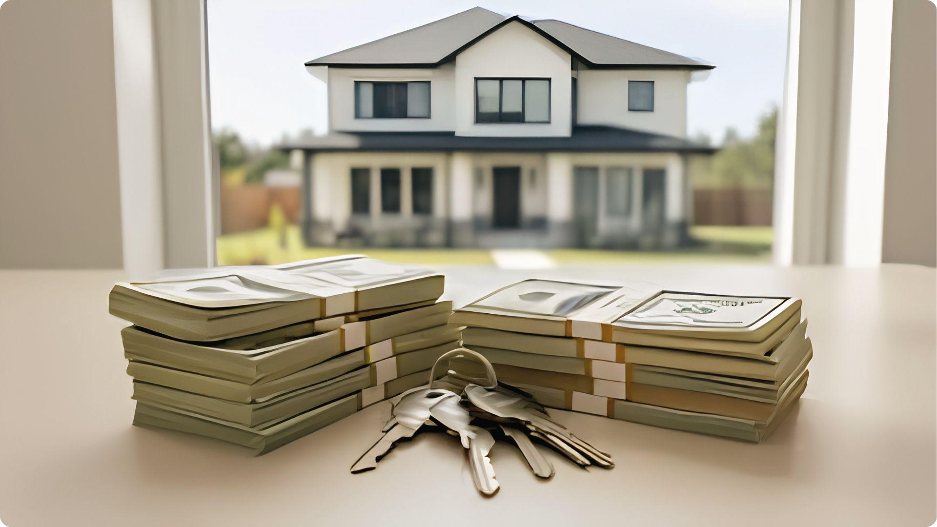 Stacks of cash and house keys on table with blurred house behind for selling home with violations