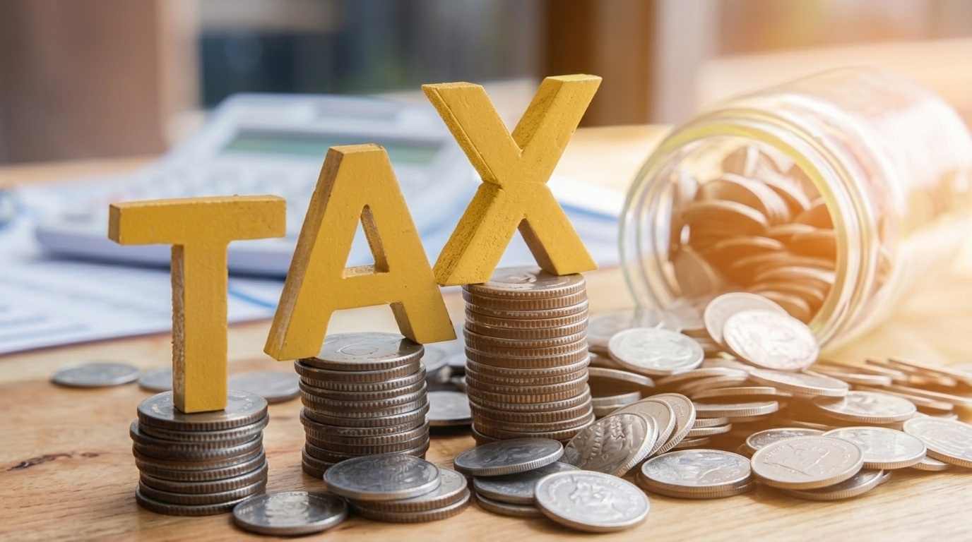 Yellow "TAX" letters sit on stacked coins beside a spilled jar and calculator.