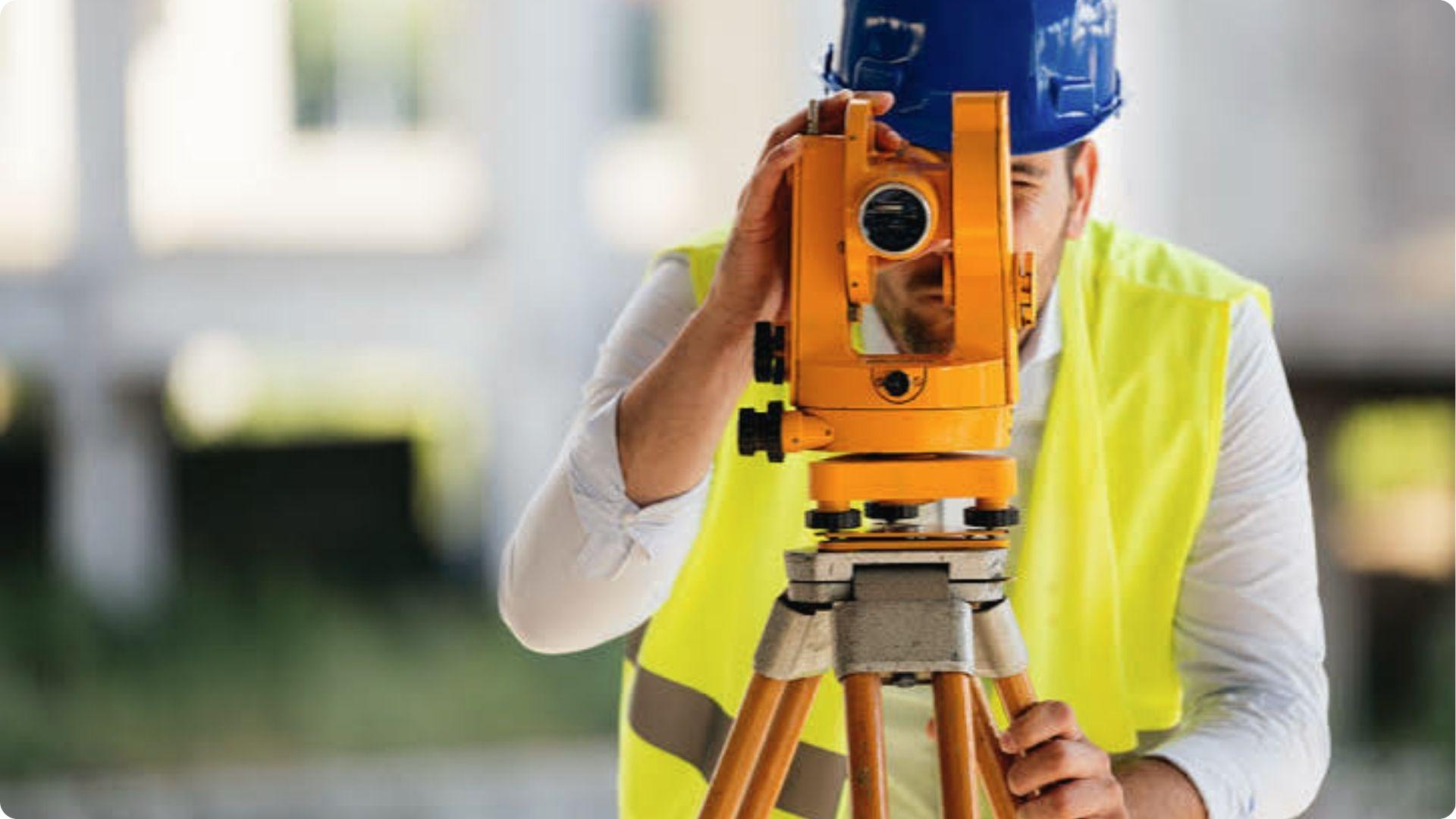 Surveyor in blue helmet uses orange theodolite on tripod to measure land near private property