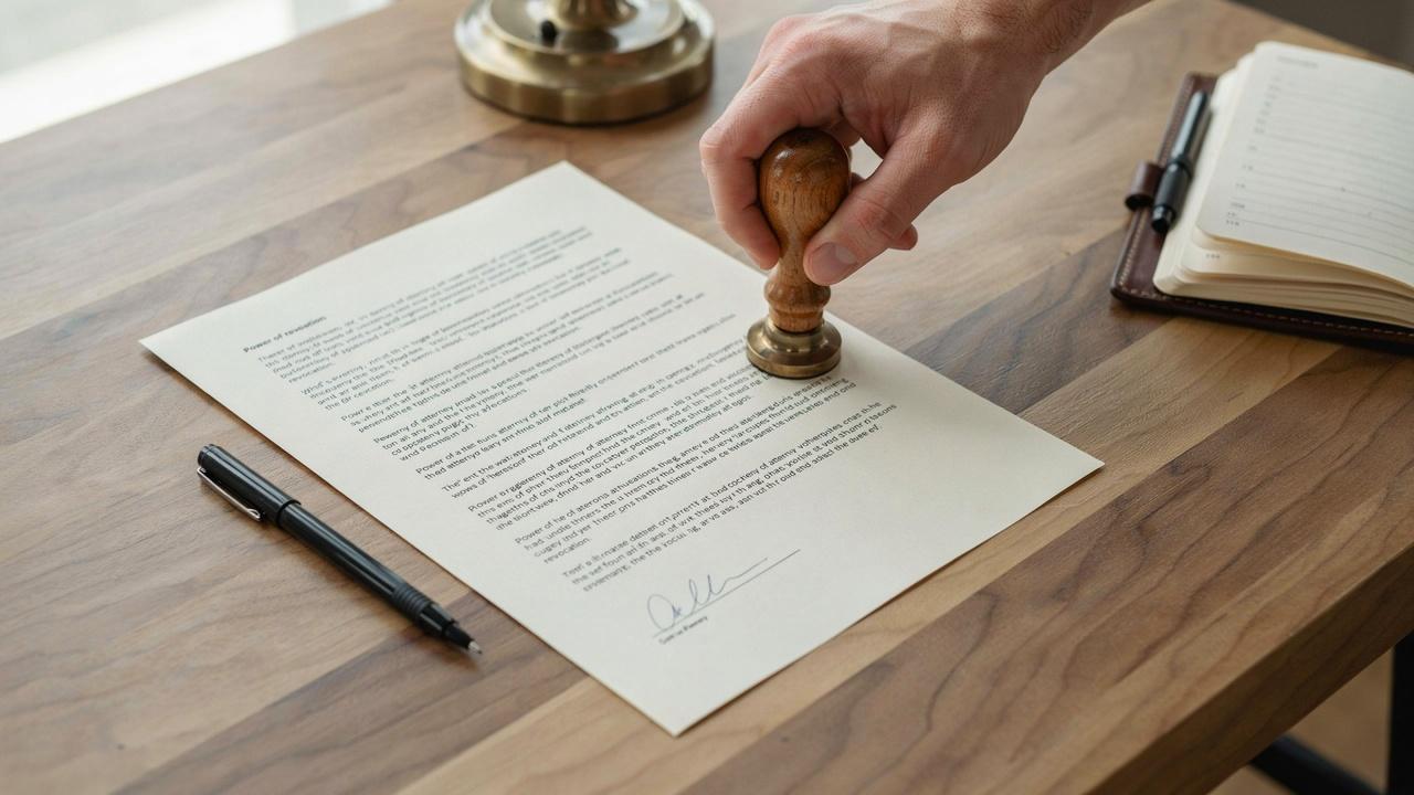 A person stamping a signed power of attorney revocation document on an office desk beside a pen.