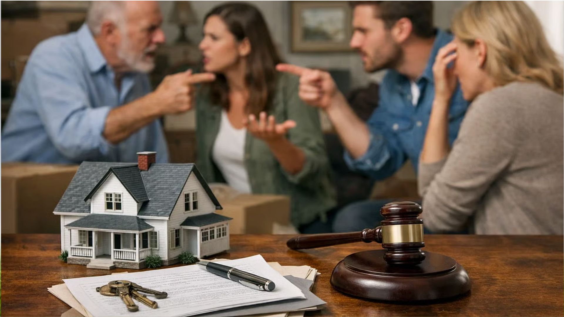 Model house, gavel, house keys and legal papers on table in focus, with blurred family of four arguing and pointing behind, inheritance dispute concept.