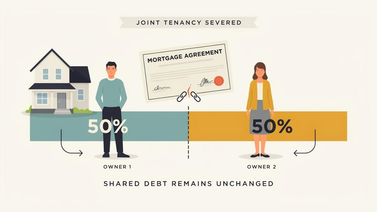 House with a mortgage document and two owners, showing shared loan debt staying the same after a joint tenancy severance.