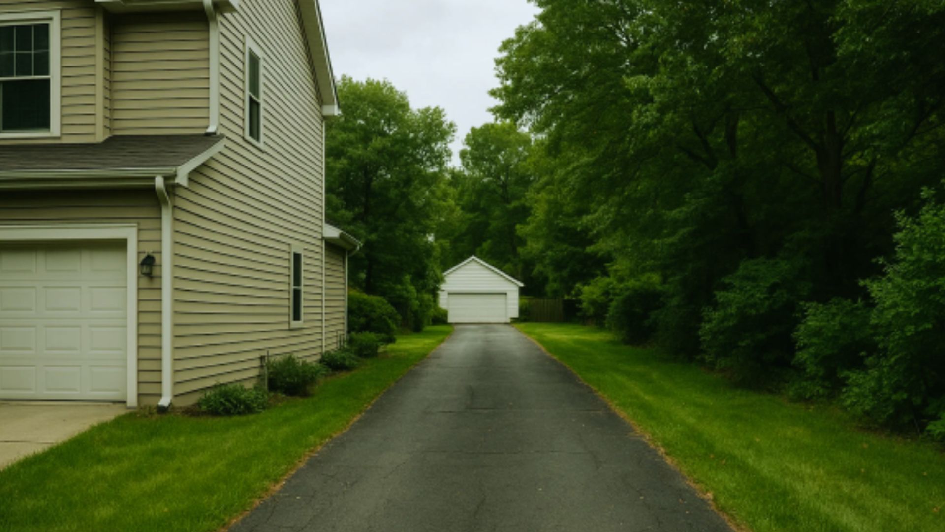 Long paved driveway easement beside beige suburban house leading to detached white garage surrounded by green trees