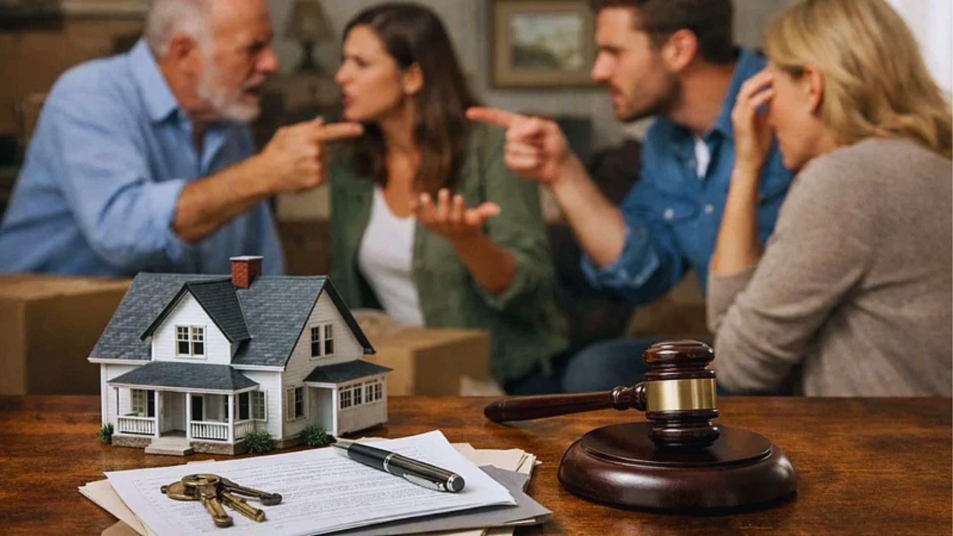 Family arguing over property with model house, gavel, and documents on table