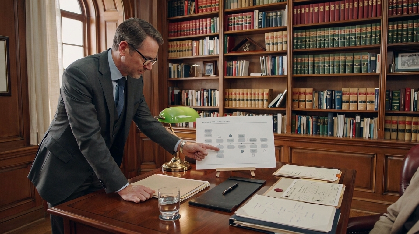 Estate lawyer explaining inheritance timeline using legal documents and survivorship process in professional office.