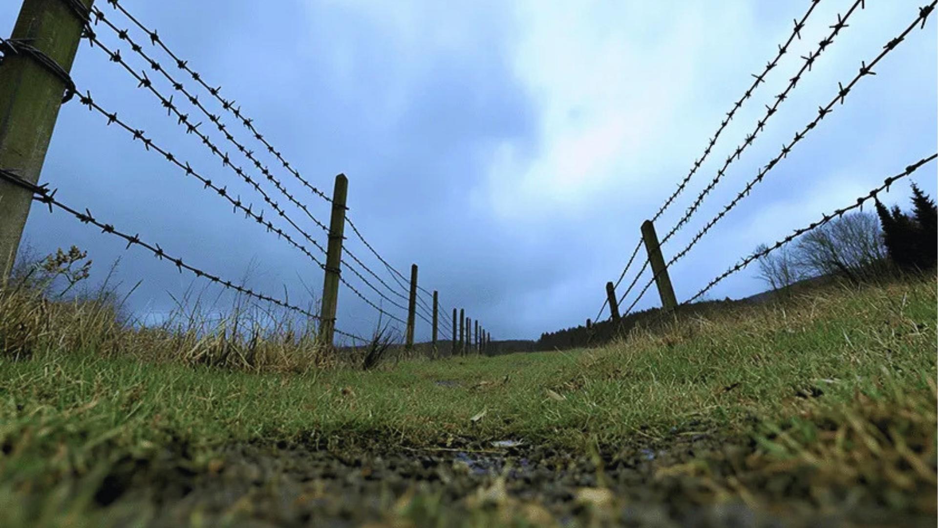 Barbed wire fence stretching across grassy field marking disputed property line boundary under cloudy sky.