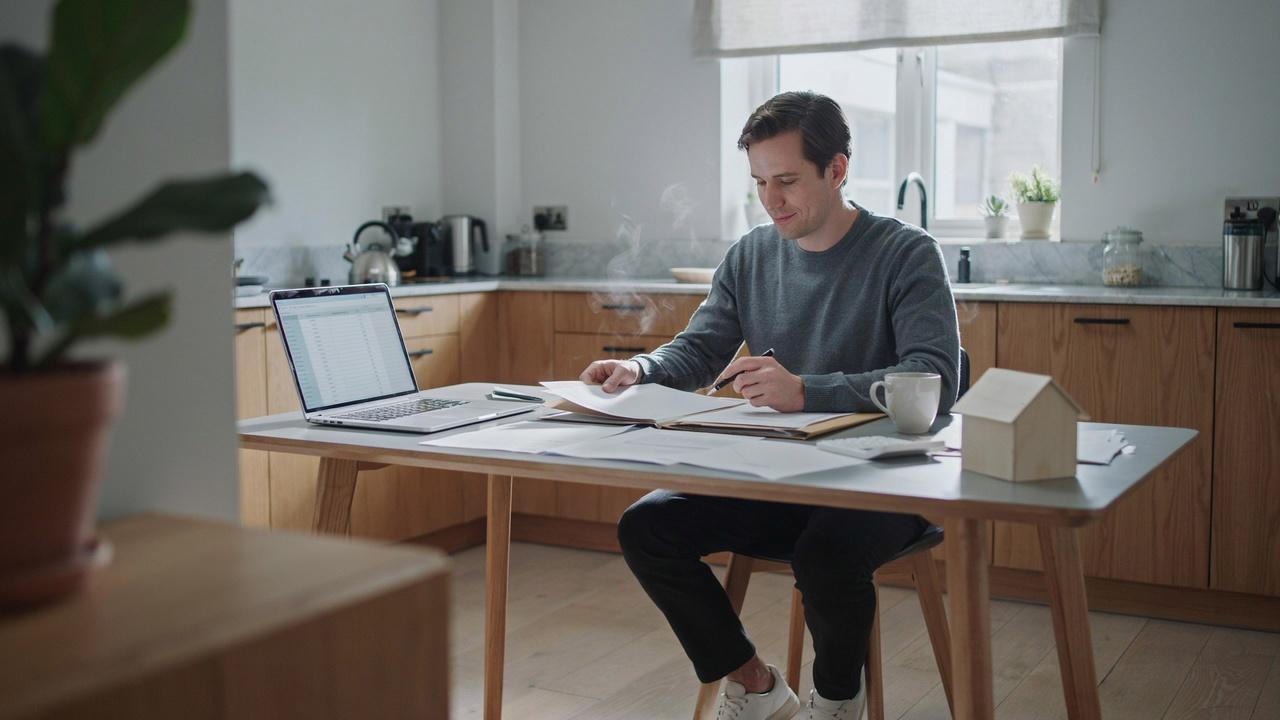 Homeowner reviewing mortgage and financial documents after filing bankruptcy.