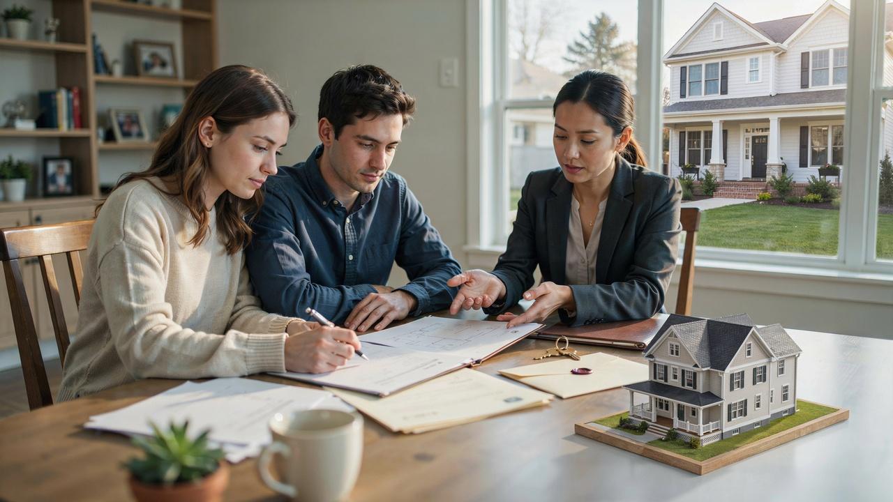 Homebuyer reviewing property closing documents with a real estate professional.