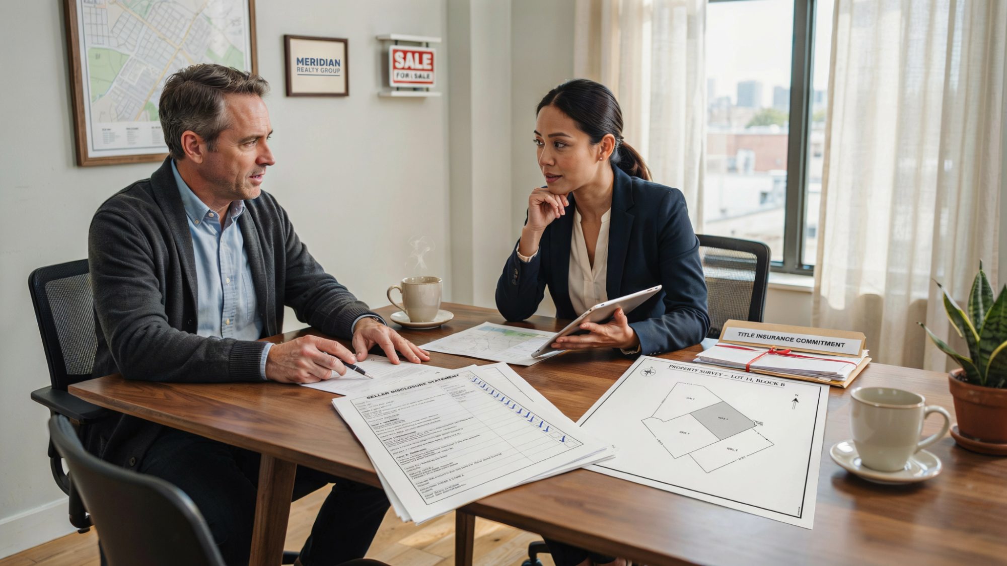 Home seller reviewing disclosure documents and property survey before listing a home with an encroachment.