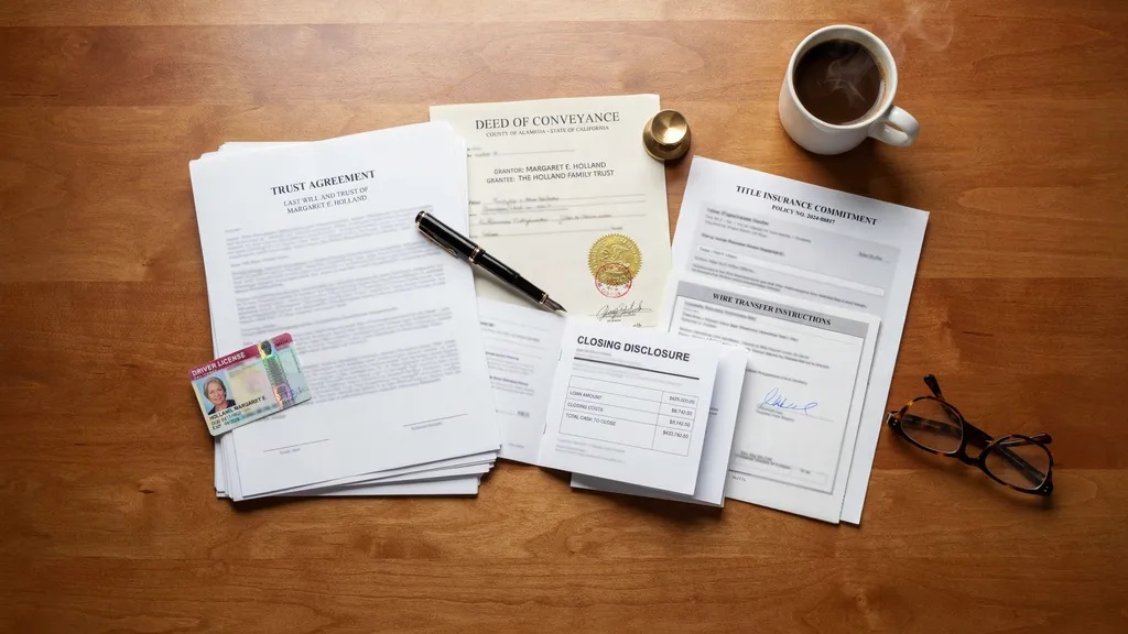 Trust agreement, property deed, identification, and closing documents required for a trust property sale.