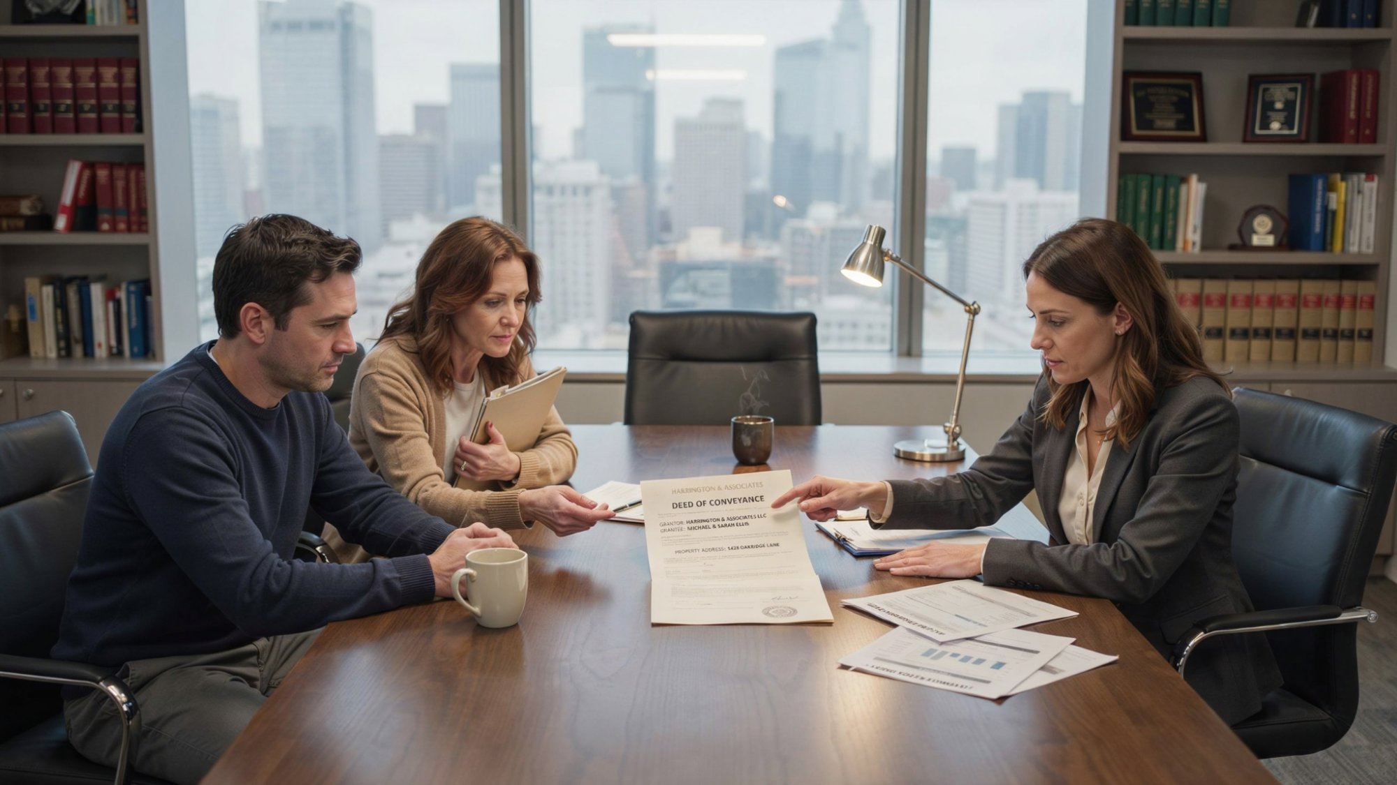 Spouse signing a disclaimer deed during a legal consultation in an Arizona law office.