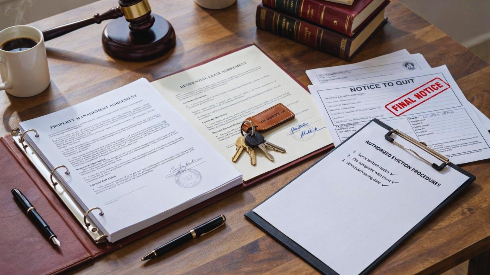 Property management agreement with lease documents, eviction paperwork, and property keys.