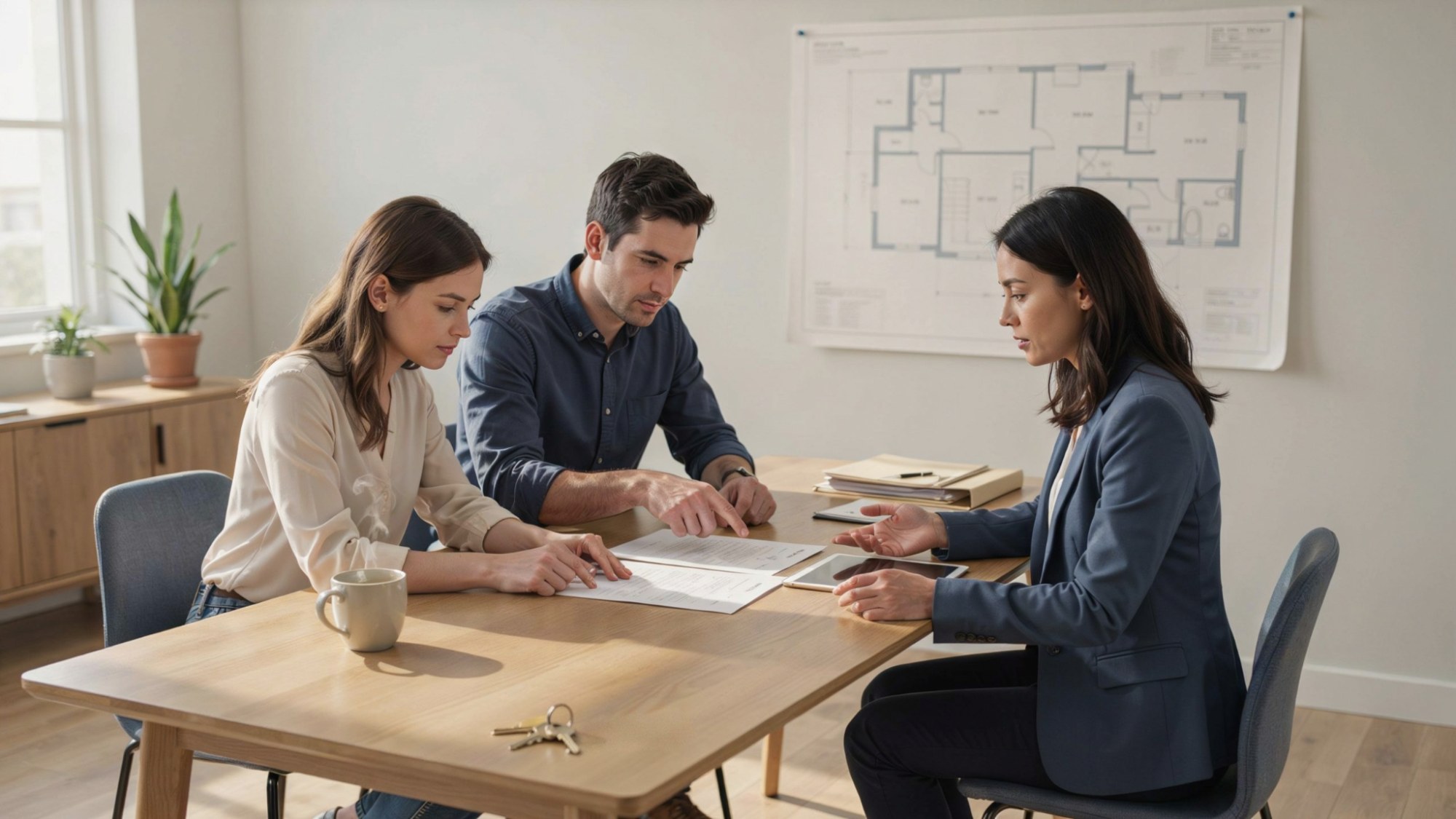 Couple reviewing a property deed with a real estate agent