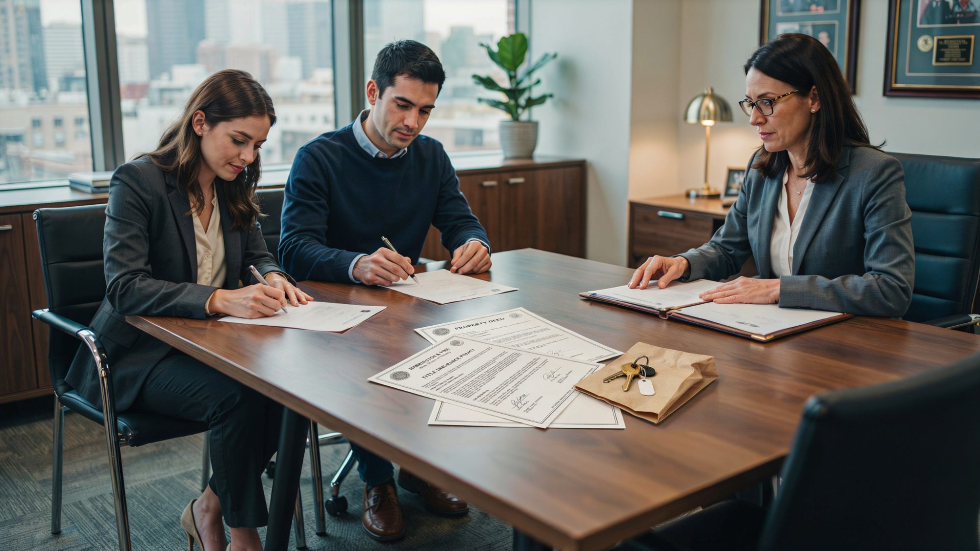 Couple signing property ownership documents with a real estate attorney.