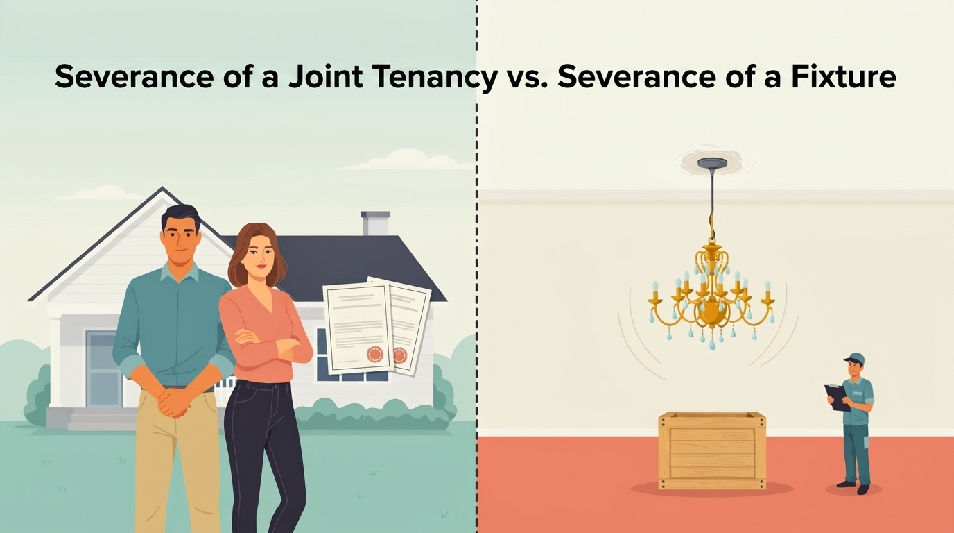 Split image comparing two co-owners with deed papers and a chandelier being removed from a home into a crate.
