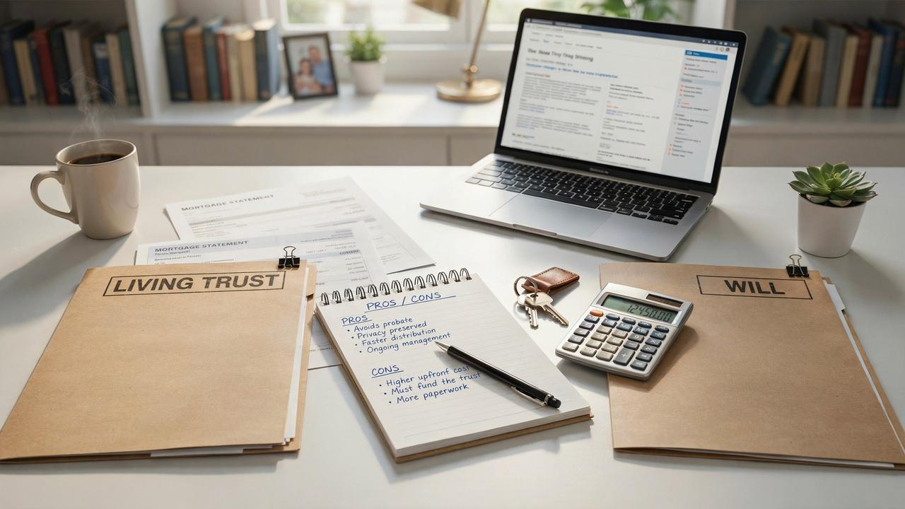 Person comparing a living trust and will with estate planning checklist to choose which one is better for family needs.