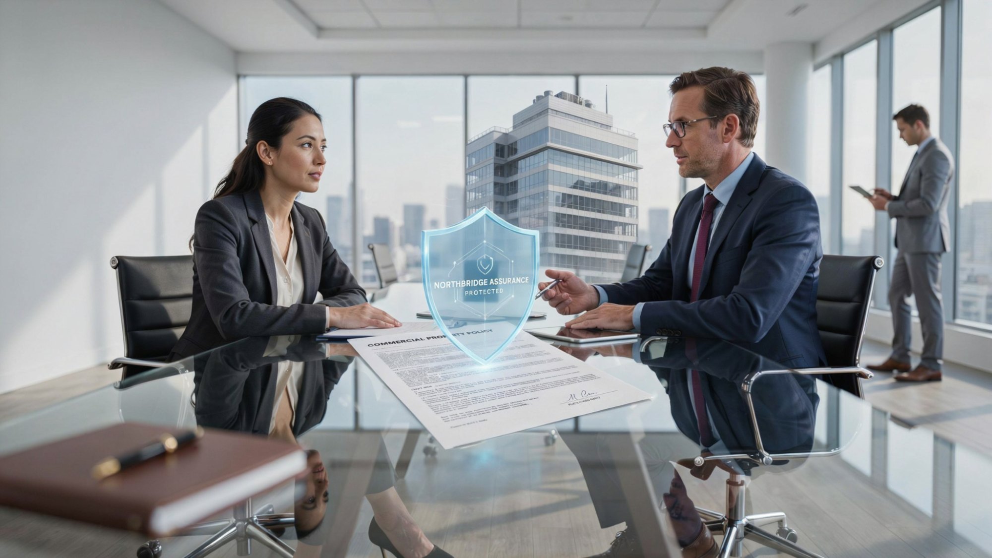 Commercial building protected by business insurance and legal coverage.