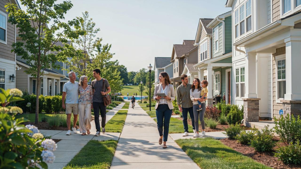 Diverse homebuyers seeing a well-maintained neighborhood before purchasing a home in a deed restricted community.