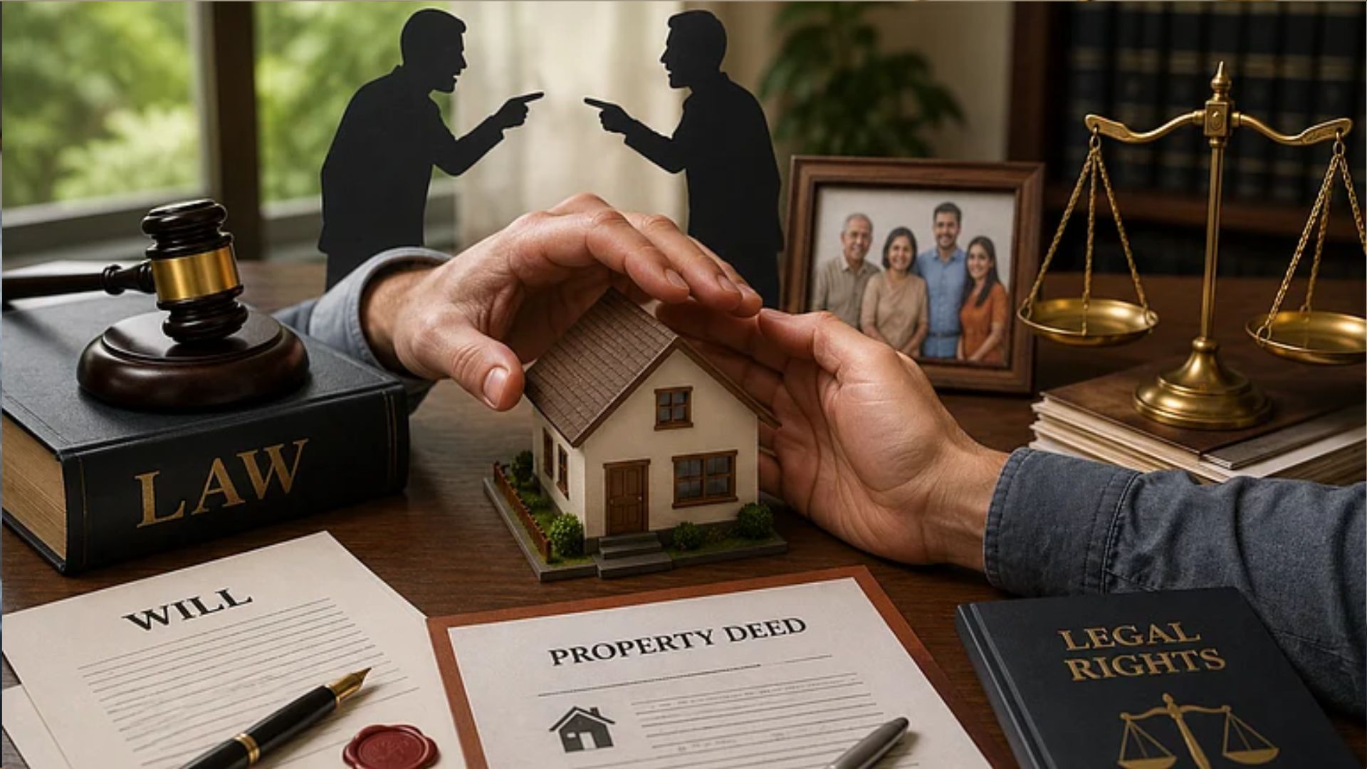 Law book, gavel, property deed, and family photo on desk representing a property inheritance dispute.