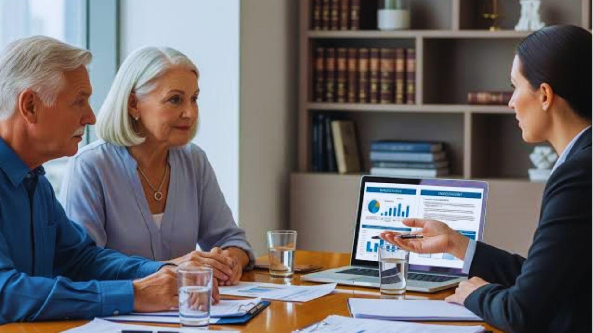 Older couple in consultation with businesswoman at desk, laptop showing investment charts, bookshelves behind.