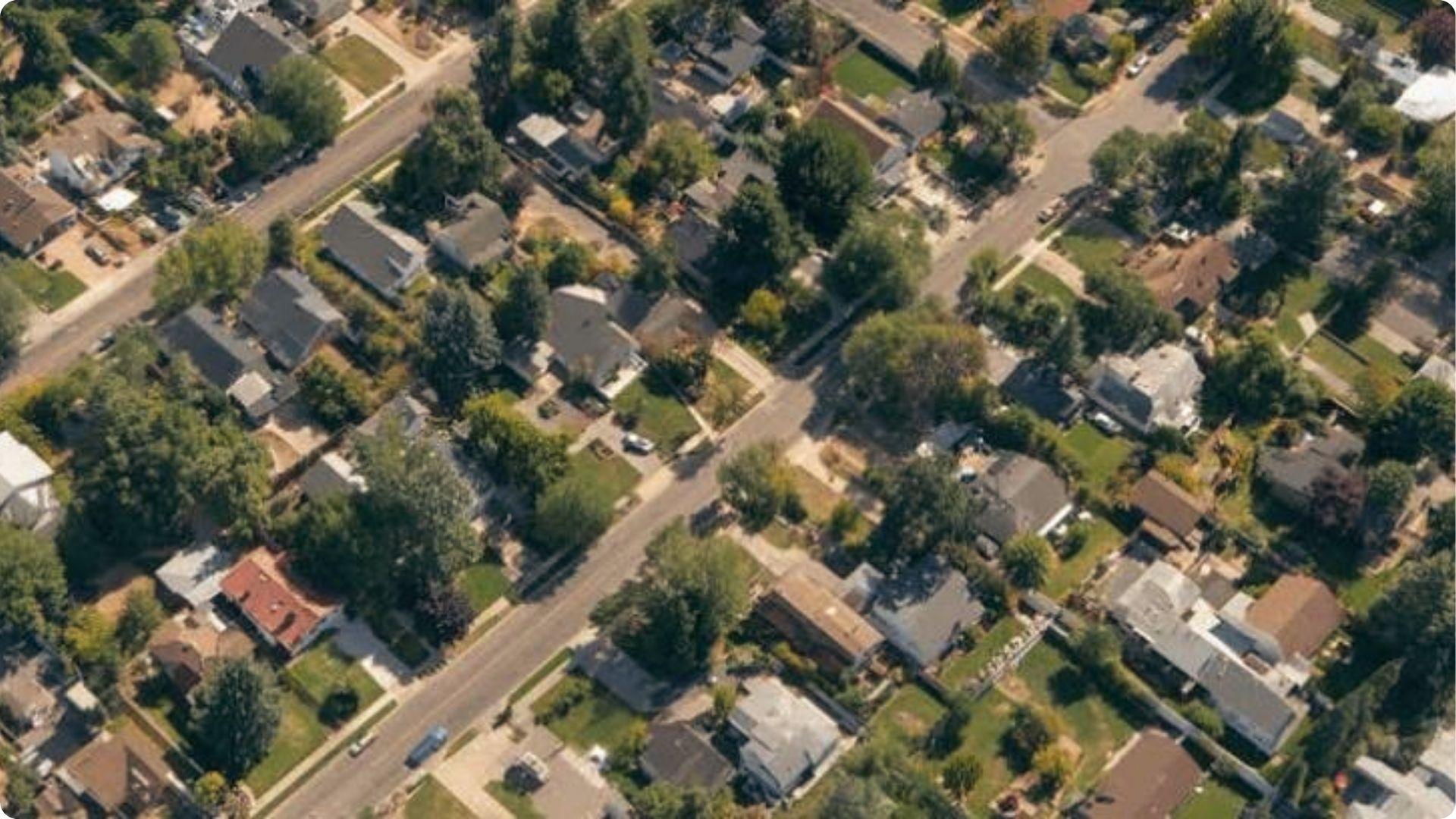 Aerial view of suburban homes and streets showing residential property exempt from eminent domain