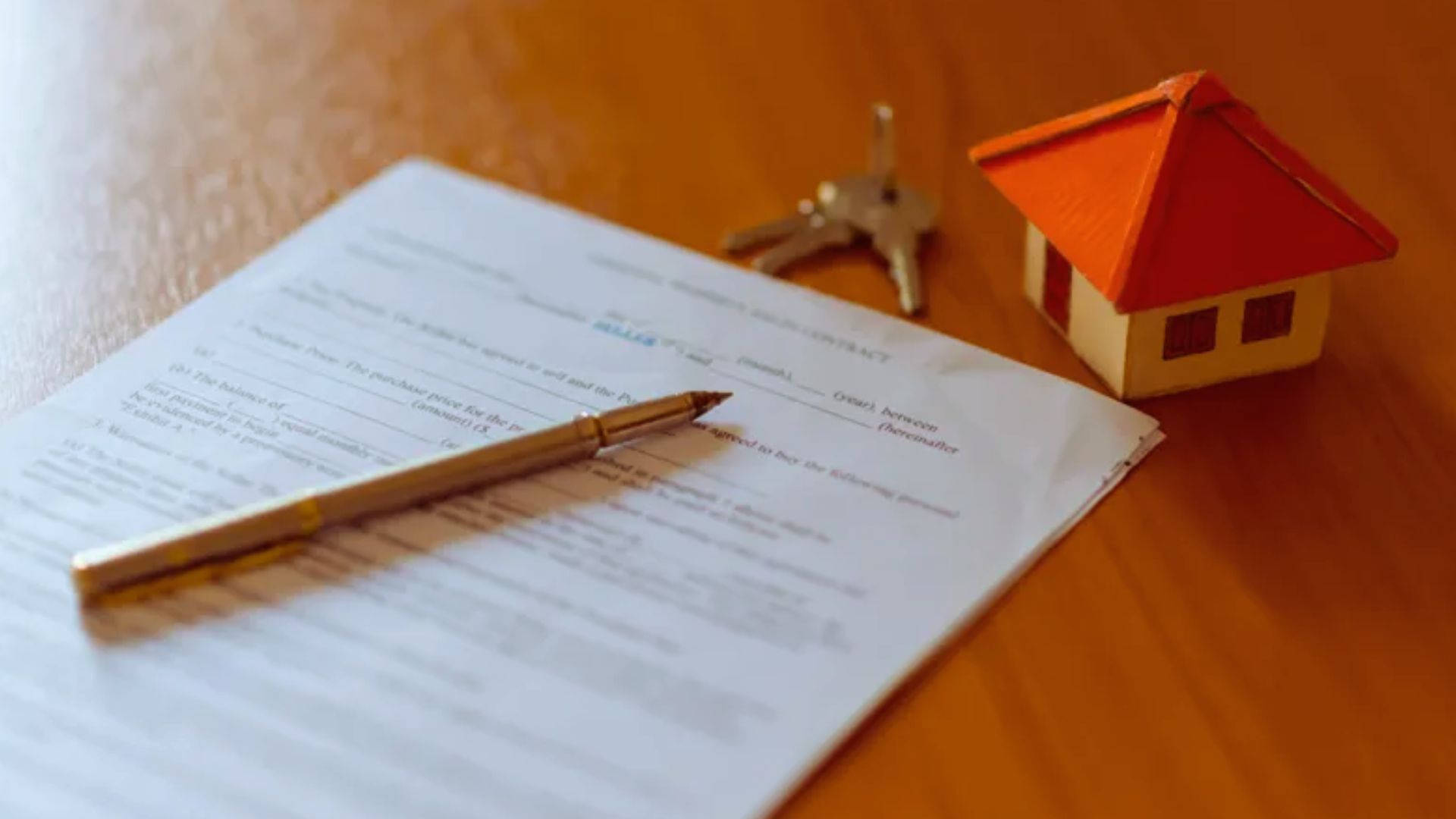 Real estate quitclaim deed contract with pen house model and keys on wooden table