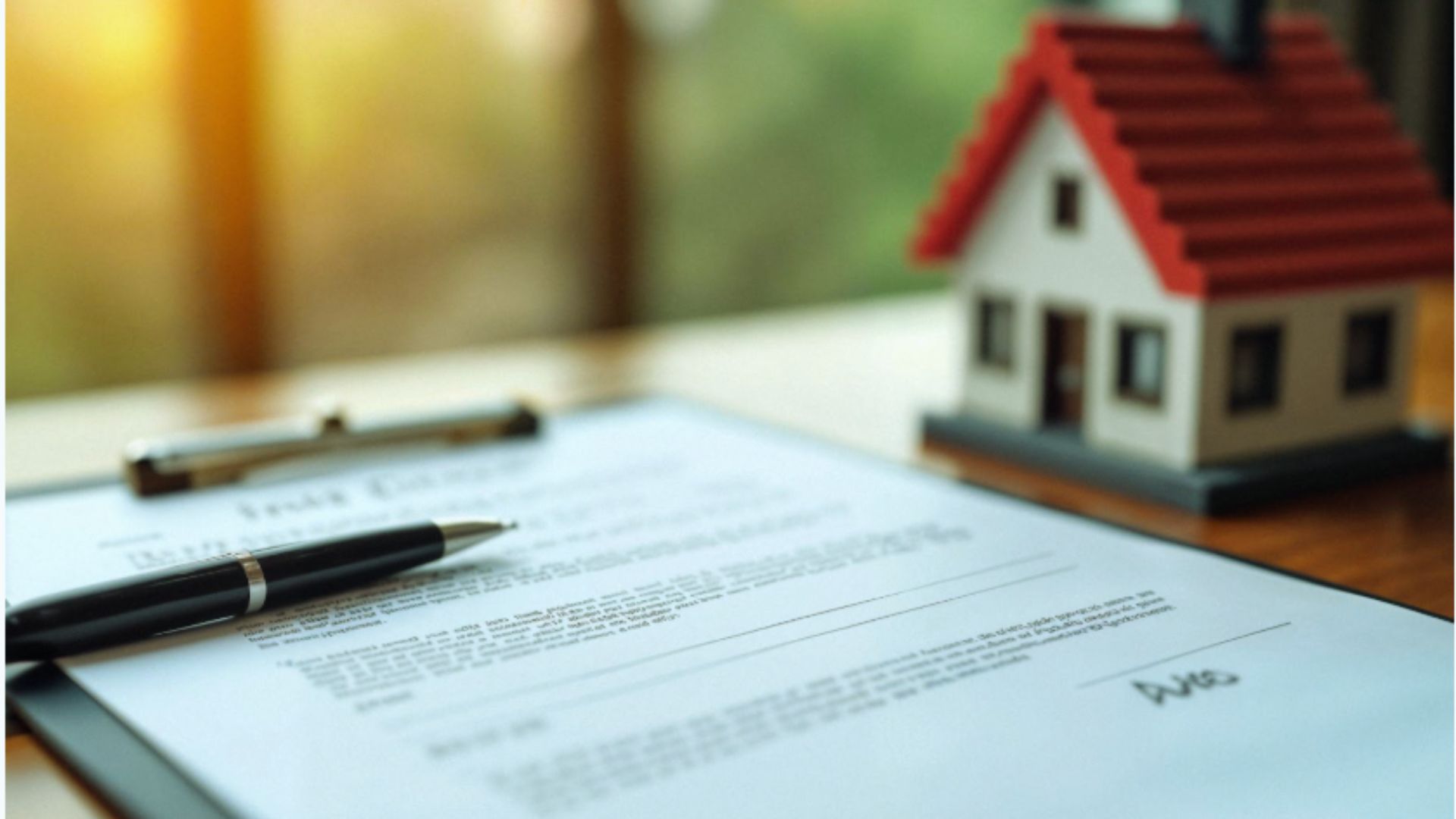 Miniature house with red roof next to real estate contract and pen on clipboard, property deed signing
