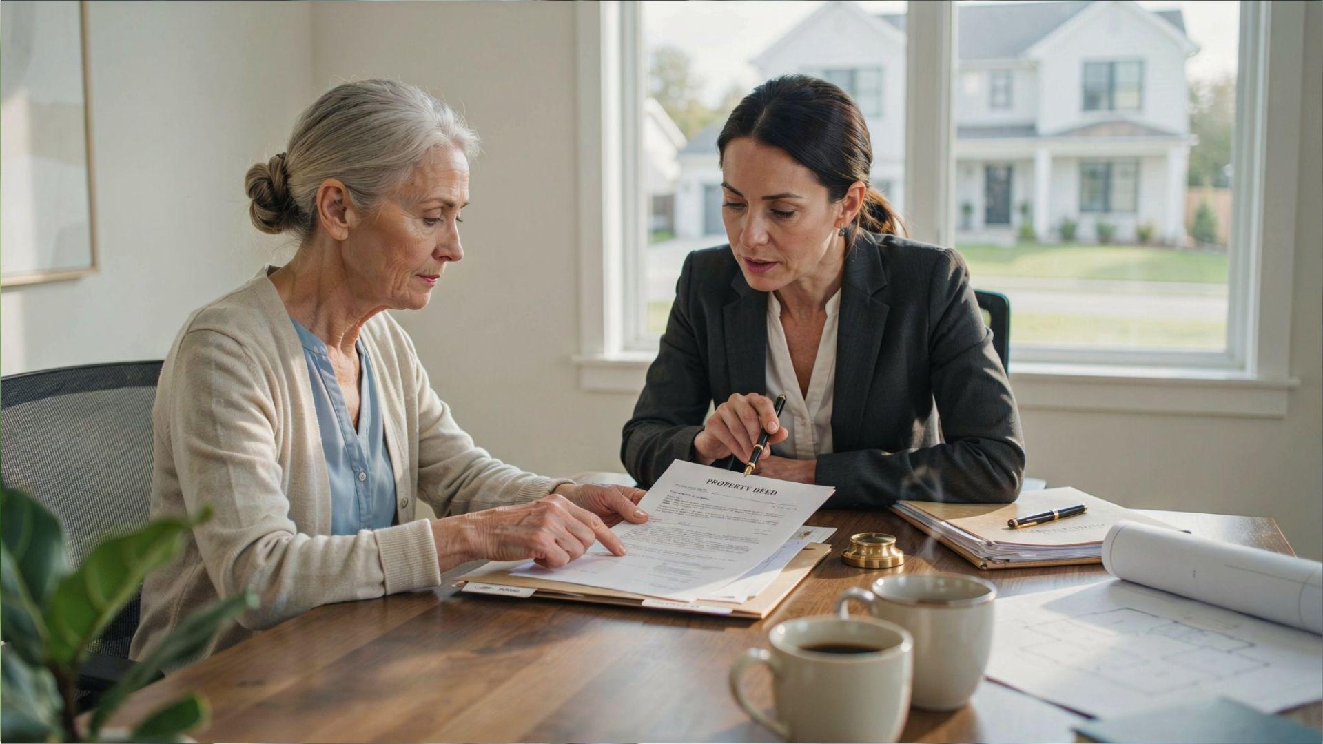 Older woman and professional in blazer reviewing property deed document at wooden desk with coffee mugs and blueprints.