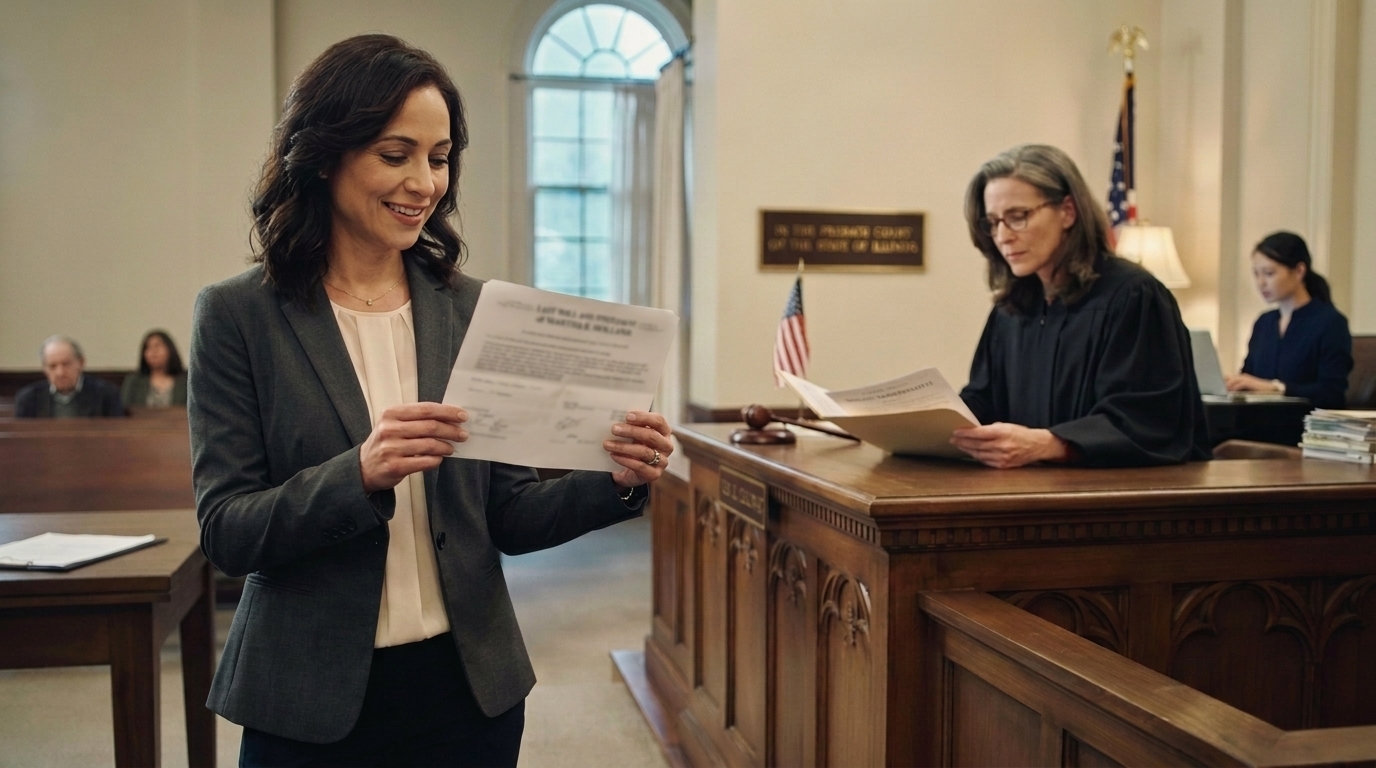 Woman smiles reading a will document before a judge in the courtroom.