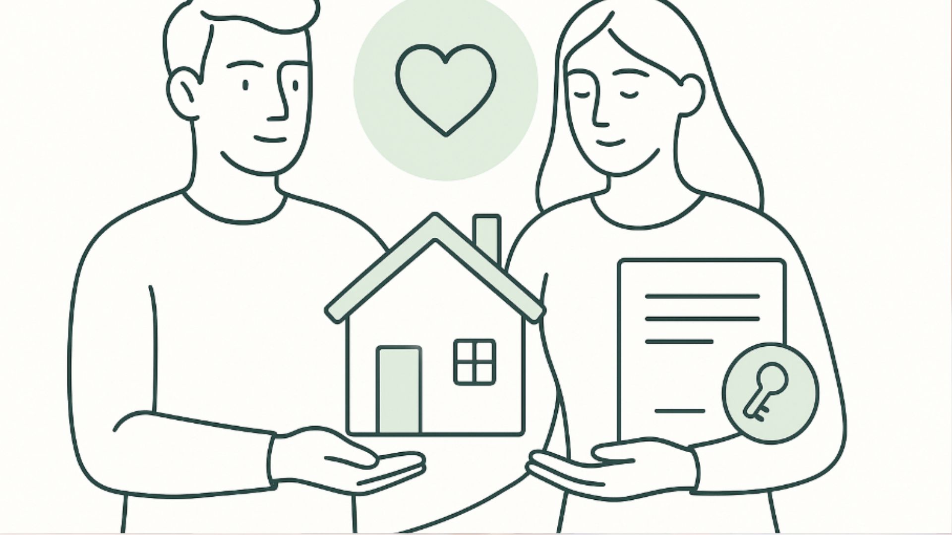 Minimal line illustration of couple holding model house and document with key icon, heart symbol above them.