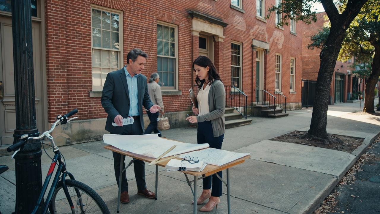 Property owner reviewing zoning documents beside an older legally existing building.