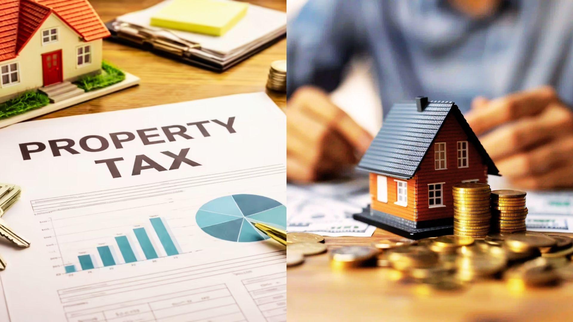 Split image: property tax document with charts and model house left, miniature house with gold coin stacks right.