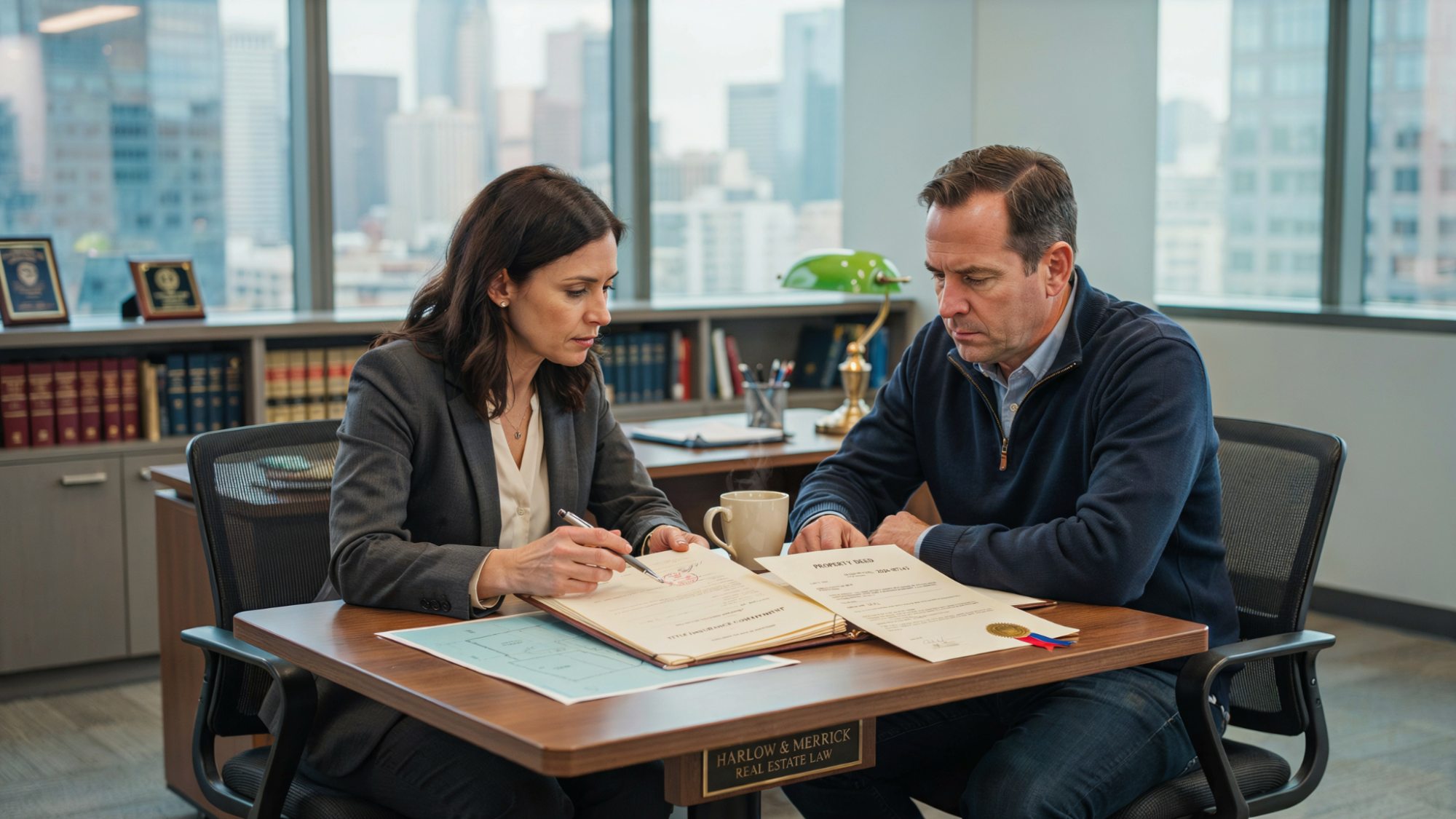 Real estate attorney reviewing title documents and property boundary records with a homeowner.