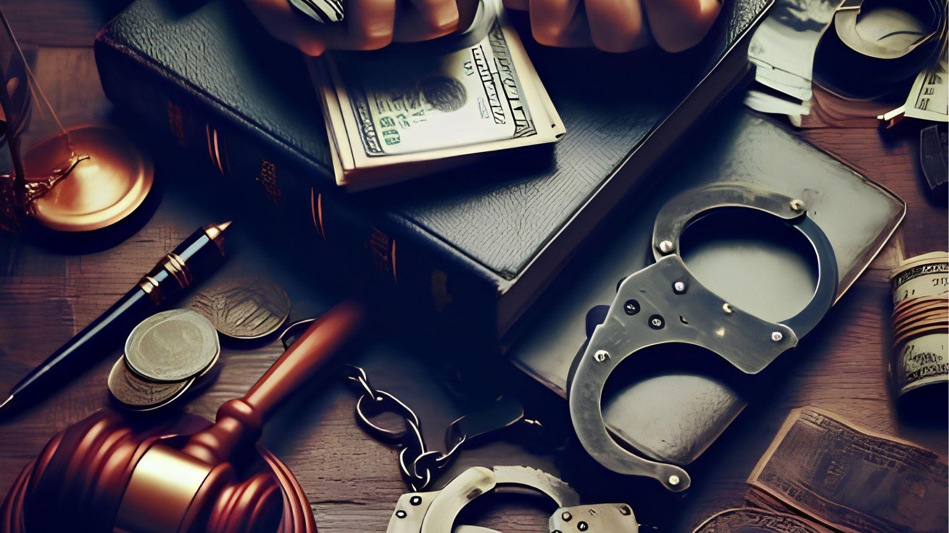 Cash, handcuffs, gavel, and law book on a desk depicting financial crime