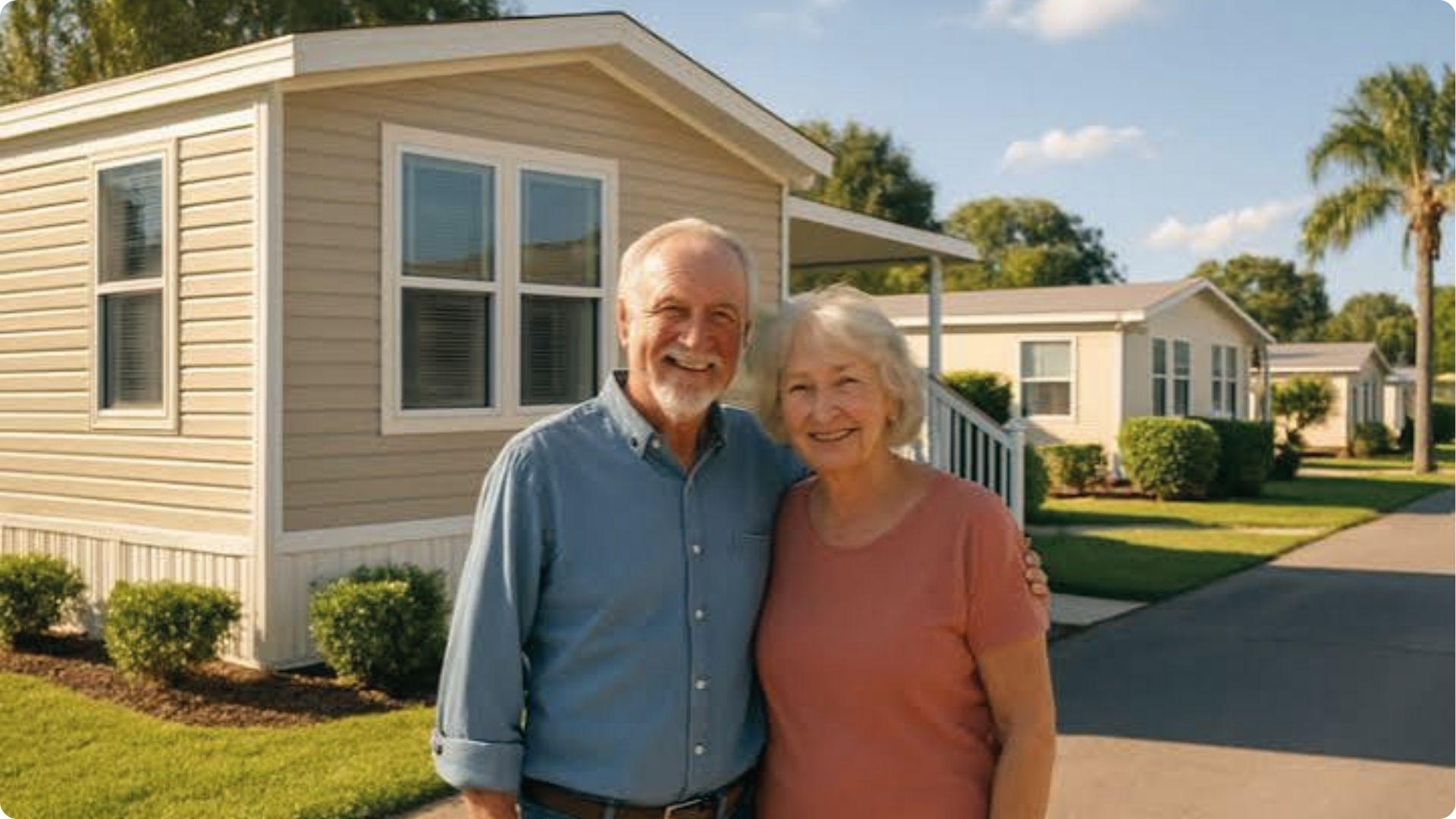 Happy older couple in front of their mobile home highlighting the right to secure long-term residency.