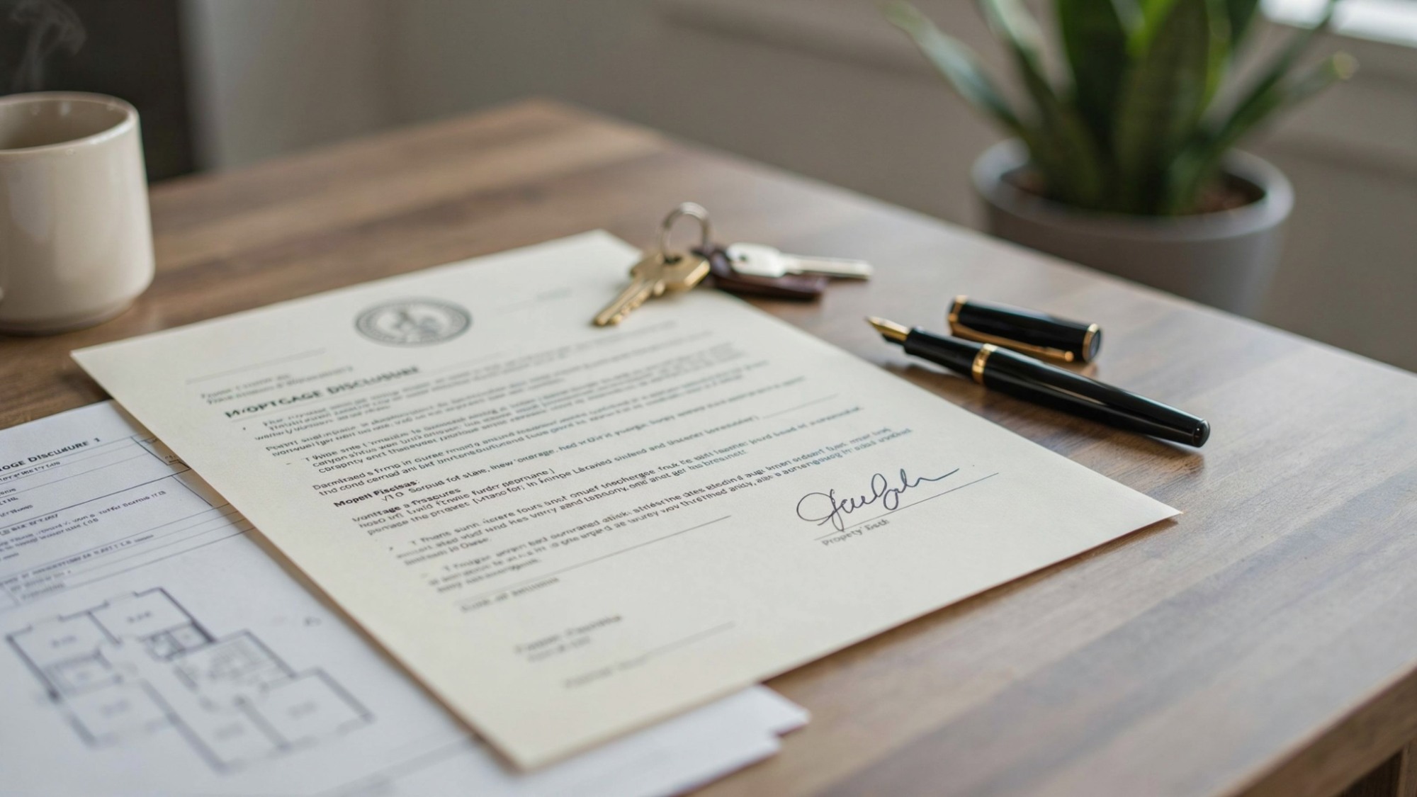 Signed property deed with house keys and legal documents