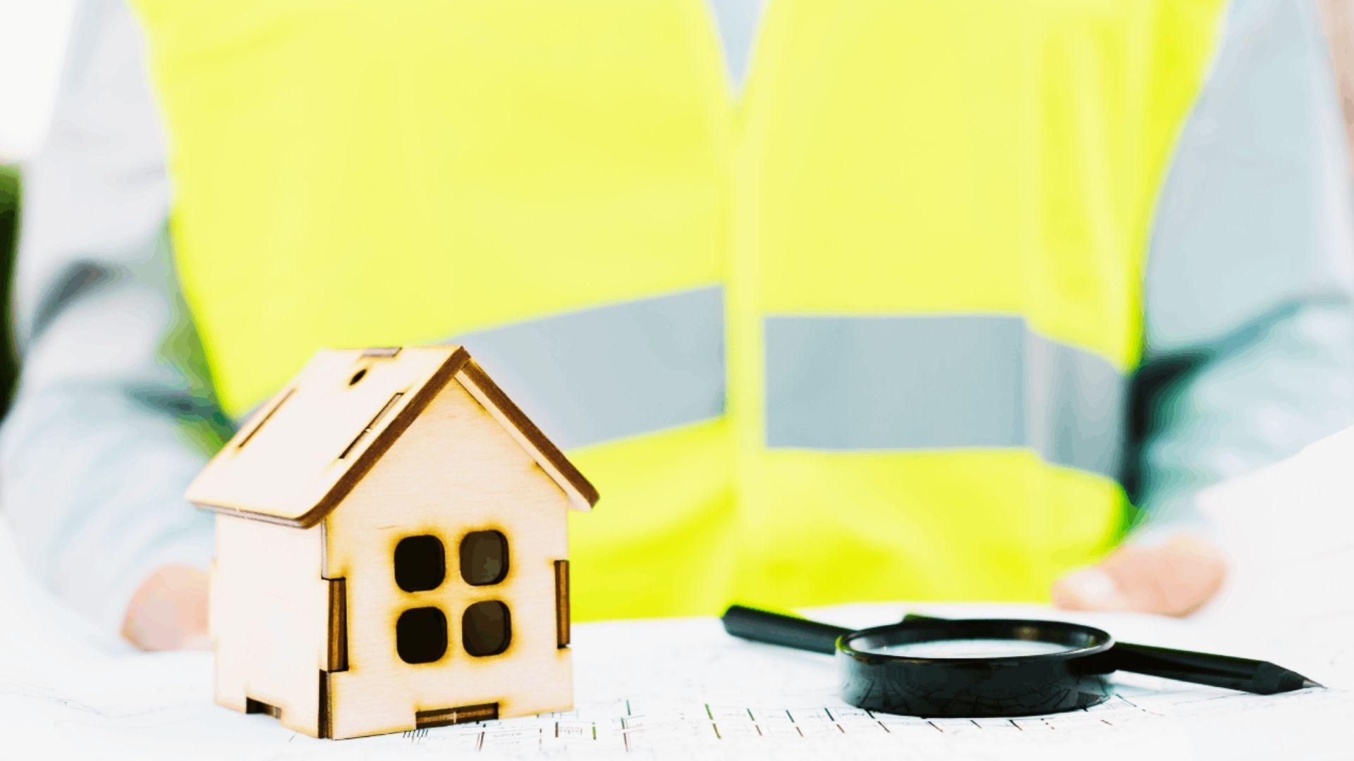 Small wooden model house on blueprints beside magnifying glass, person in yellow safety vest behind.
