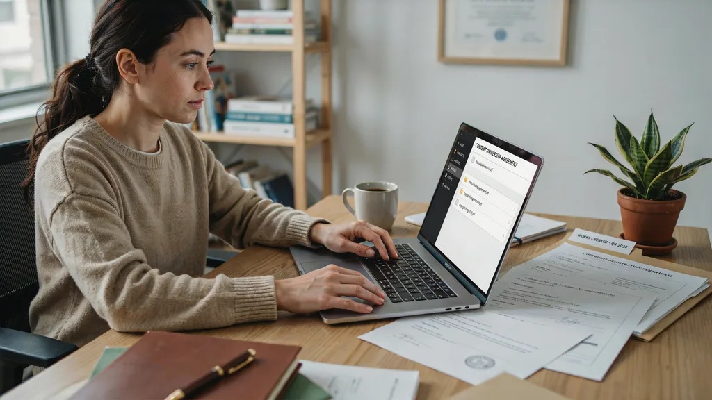 Person reviewing digital content ownership and intellectual property rights on a laptop.