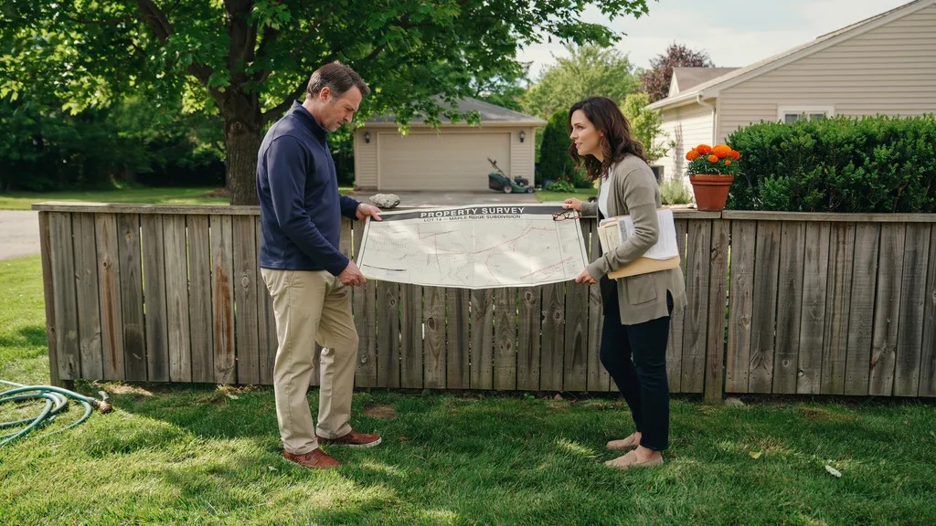 Two neighbors reviewing property boundary documents and discussing an encroachment with a survey map.