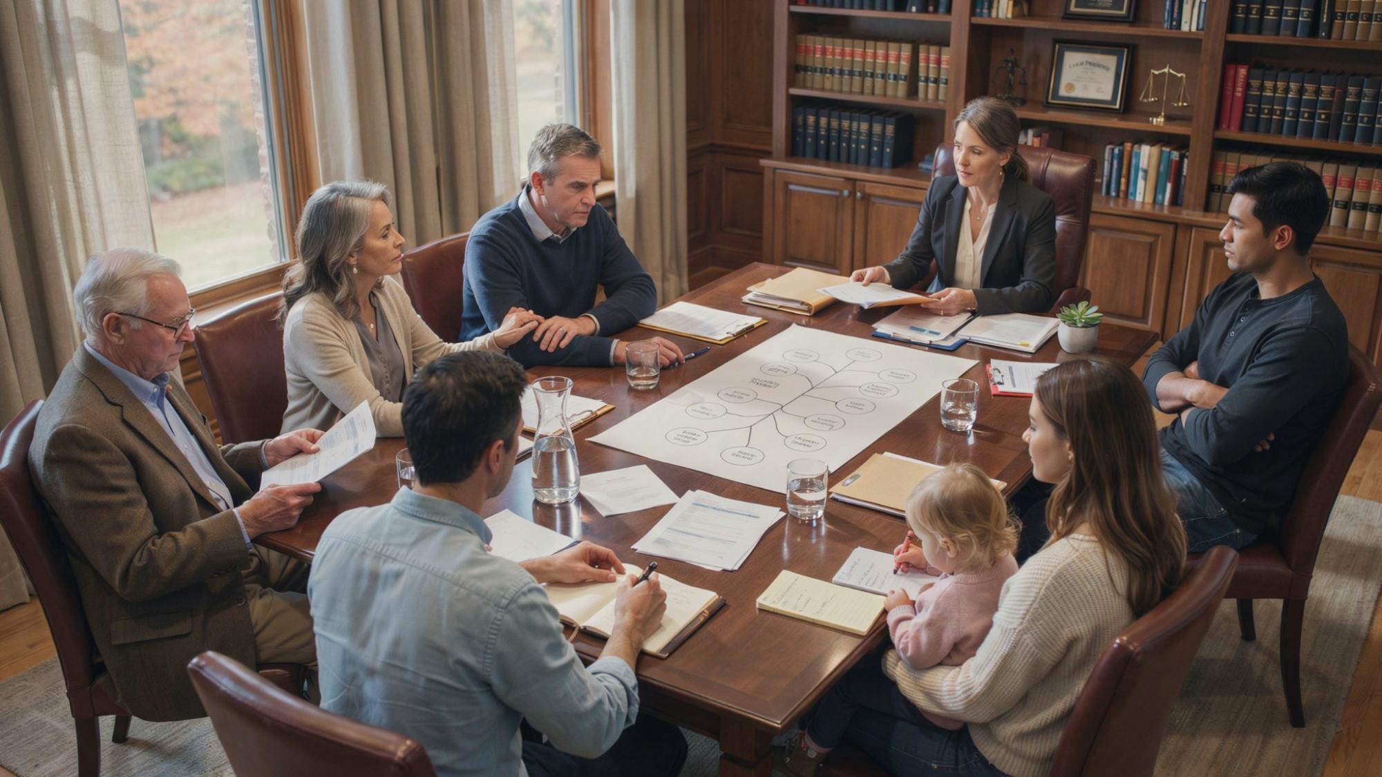 Family discussing per stirpes and per capita inheritance options with an attorney