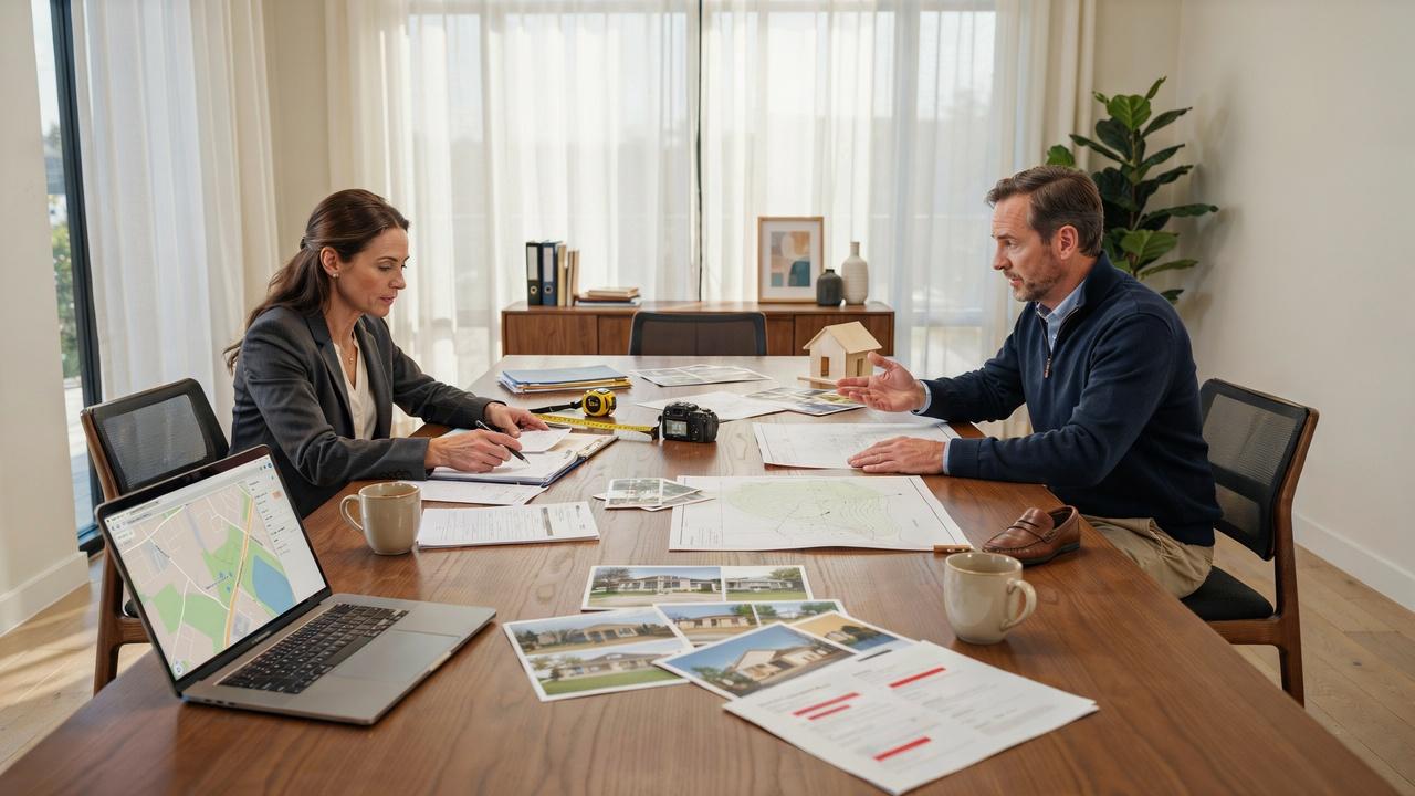 Real estate attorney reviewing property evidence and records related to an adverse possession dispute.